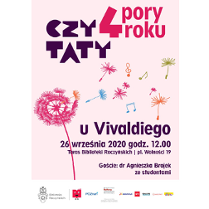 Plakat z informacjami o wydarzeniu - fioletowe napisy na bladoróżowym tle. Na środku kolorowe nuty i grafiki przedstawiające dmuchawce.