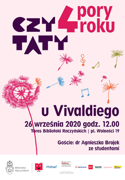 Plakat z informacjami o wydarzeniu - fioletowe napisy na bladoróżowym tle. Na środku kolorowe nuty i grafiki przedstawiające dmuchawce.