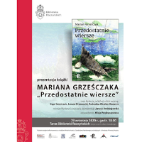 Plakat z informacjami o wydarzeniu i okładką książki Mariana Grześczaka.