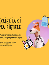 Informacje o wydarzeniu na żółtym tle. Po prawej aktor w przebraniu psa.