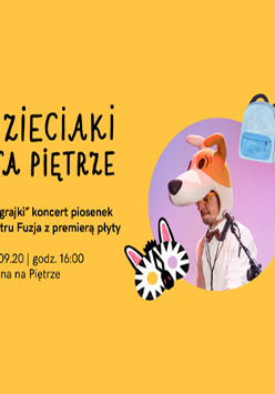 Informacje o wydarzeniu na żółtym tle. Po prawej aktor w przebraniu psa.