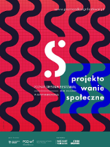 Na czerwonym kraciastym tle czarne pionowe fale. Na środku jednej fali wyodrębniono fragment na biało układający się w literę "S". Dodatkowo w prawym dolnym rogu na zielonym tle napis "projektowanie społeczne".
