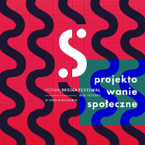 Na czerwonym kraciastym tle czarne pionowe fale. Na środku jednej fali wyodrębniono fragment na biało układający się w literę "S". Dodatkowo w prawym dolnym rogu na zielonym tle napis "projektowanie społeczne".