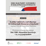Czarne napisy na szarym tle. Na górze grafika przedstawiająca rozłożoną książkę w kolorach flagi czeskiej.