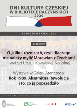 Czarne napisy na szarym tle. Na górze grafika przedstawiająca rozłożoną książkę w kolorach flagi czeskiej.