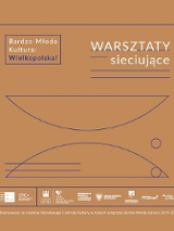Plakat wydarzenia: na brązowym tle białe napisy z nazwą projektu, granatowe linie i półkola.