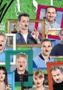 Na zielonym tle dziewięć postaci w ramach od obrazów.