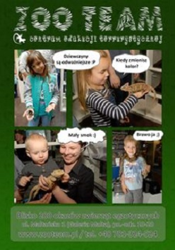 Zdjęcia dzieci trzymających w dłoniach różne zwierzęta. Na górze napis: Zoo Team.