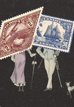 Na czarnym tle zdjęcia dwóch znaczków, pod nimi sylwetka kobieca i męska w strojach z końca XIX wieku. W prawym dolnym rogu pies.