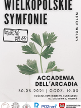 Szary plakat z informacjami o nazwi, miejscu i czasie koncertu. Na środku liście pietruszki.