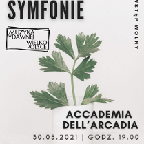 Szary plakat z informacjami o nazwi, miejscu i czasie koncertu. Na środku liście pietruszki.