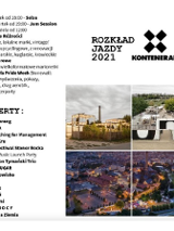 Po lewej wydarzenia, po prawej zdjęcia KontenerArt. na górze logo: 4 czarne kwadraty w formie x, w środku biały kwadrat. Pod spodem napis: Kontenerart.