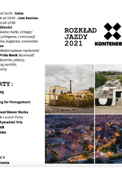 Po lewej wydarzenia, po prawej zdjęcia KontenerArt. na górze logo: 4 czarne kwadraty w formie x, w środku biały kwadrat. Pod spodem napis: Kontenerart.