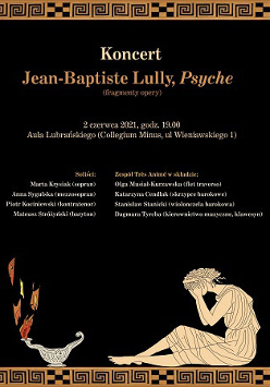 Plakat z informacjami o wydarzeniu. Beżowe napisy na czarnym tle, na dole siedząca postać z mitologii greckiej, najprawdopodobniej Psyche.