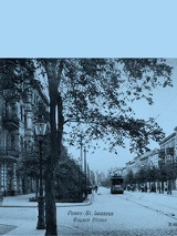 Dwa zdjęcia ukazujące dawne ulice Łazarza. Wszystko pokryte niebieskim filtrem.