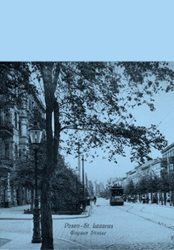 Dwa zdjęcia ukazujące dawne ulice Łazarza. Wszystko pokryte niebieskim filtrem.