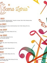 Plakat. Po lewej napisy. Po prawej kolorowe nuty.