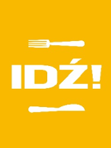 Na górze widelec, na dole nóż. W Srodku napis: Idź!