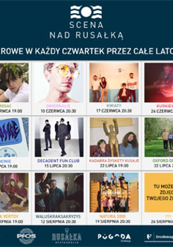 Zdjęcia wykonawców i daty koncertów. na górze napis: Scena nad Rusałką.