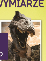 Dinozaur wychodzący z białej ramki, obok napisy.