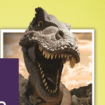 Dinozaur wychodzący z białej ramki, obok napisy.