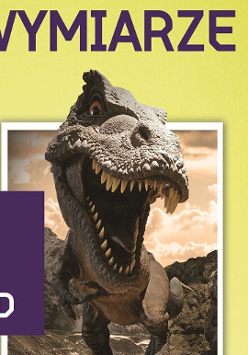 Dinozaur wychodzący z białej ramki, obok napisy.