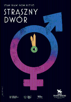 Niebiesko-fioletowowe koło z krzyżykiem i strzałką - symbolami kobiecości i męskości. Na górze biały napis "Straszny dwór" na czarnym tle.