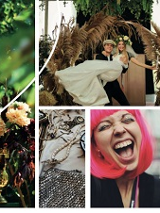 Stary świecznik ze świecami, stary zegar, dziewczyna z rózowymi włosami śpiewa, star biżuteria, mężczyzna trzyma na rękach kobietę w białej sukni i wianku na głowie.