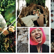 Stary świecznik ze świecami, stary zegar, dziewczyna z rózowymi włosami śpiewa, star biżuteria, mężczyzna trzyma na rękach kobietę w białej sukni i wianku na głowie.