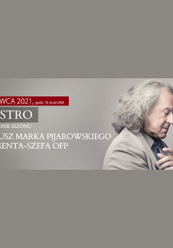 Plakat ze zdjęciem Marka Pijarowskiego. Białe napisy na szarym tle z nazwą wydarzenia.