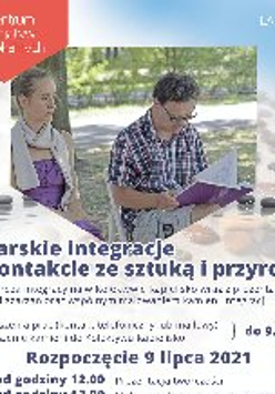 Kobieta i mężczyzna siedzą na krzesłach obok siebie. Mężczyzna czyta książkę. Pod spodem napis: Łazarskie integracje ze sztuką i przyrodą.