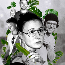 Kobieta i trzech mężczyzn, trzymają zielone liście.