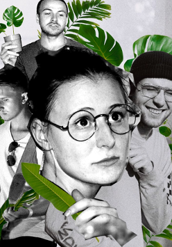 Kobieta i trzech mężczyzn, trzymają zielone liście.