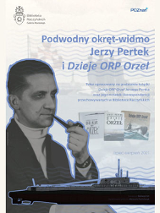 Plakat ze zdjęciem Jerzego Pertka trzymającego w zębach fajkę. Na dole szkic okrętu i morskie fale. W środkowej części okładka książki. W górnej części niebieskie napisy na jasnym tle.