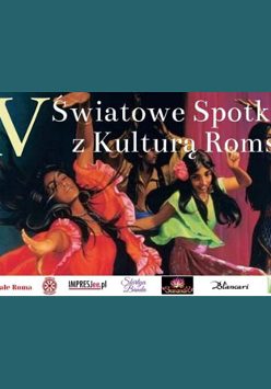 Na zdjęciu kilka roztańczonych kobiet pochodzenia romskiego. Na górze nazwa wydarzenia.