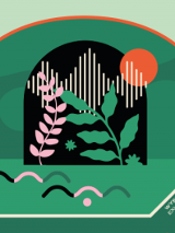 Grafika przedstawiająca liście, słońce i fale dźwiękowe.