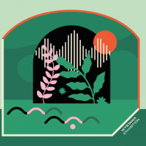 Grafika przedstawiająca liście, słońce i fale dźwiękowe.