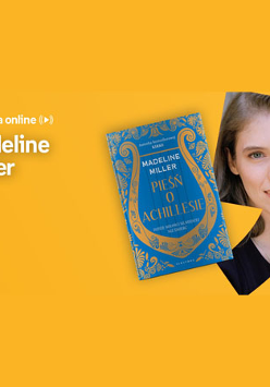 Plakat ze zdjęciem pisarki i okładką książki po prawej stronie. Po lewej biały napis "Madeline Miller", pomarańczowe tło.