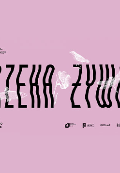 Na środku wielki, ozdobny napis "Rzeka żywa", W tle białe grafiki przedstawiające rybę, motyla, ptaka i kwiat. Fioletowe tło plakatu.