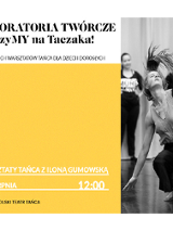 Po prawej biało-czarne zdjęcie z warsztatów: tancerka w ruchu, w tle dwie uczestniczki zajęć. Po lewej czarne napisy z nazwą i datą wydarzenia na białym i żółtym tle.