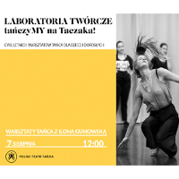 Po prawej biało-czarne zdjęcie z warsztatów: tancerka w ruchu, w tle dwie uczestniczki zajęć. Po lewej czarne napisy z nazwą i datą wydarzenia na białym i żółtym tle.