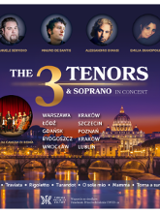 Twarze 3 mężczyzn i jednej kobiety. Na dole rzeka i oświetlone na żółto miasto.