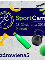 Na górze tytuł imprezy i data. Na dole: hantle, bidon, ciężarek i piłka.