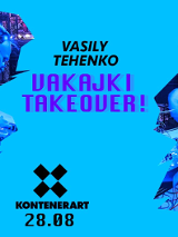 Niebieska plansza z datą oraz imieniem i nazwiskiem występującego, obok dwa zdjęcia grającego DJ'a.