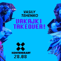 Niebieska plansza z datą oraz imieniem i nazwiskiem występującego, obok dwa zdjęcia grającego DJ'a.