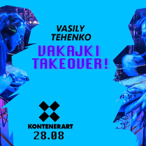 Niebieska plansza z datą oraz imieniem i nazwiskiem występującego, obok dwa zdjęcia grającego DJ'a.