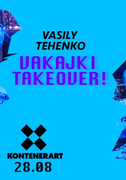 Niebieska plansza z datą oraz imieniem i nazwiskiem występującego, obok dwa zdjęcia grającego DJ'a.