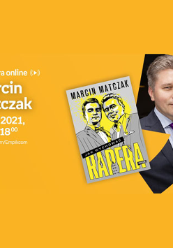 Plakat ze zdjęciem autora i okładką książki. Po lewej białe napisy informujące o wydarzeniu, pomarańczowe tło.