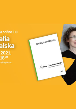 Plakat ze zdjęciem autorki i okładką książki. Po lewej białe napisy informujące o wydarzeniu, pomarańczowe tło.