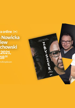 Plakat ze zdjęciami Zamachowskiego i Nowickiej oraz okładką książki. Po lewej białe napisy informujące o wydarzeniu, pomarańczowe tło.